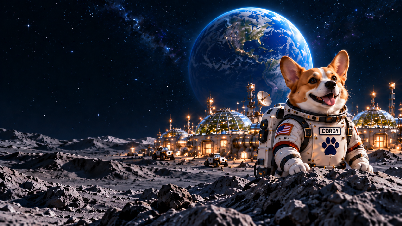 Corgy in her astronaut suit on the Moon, beside her illuminated lunar base